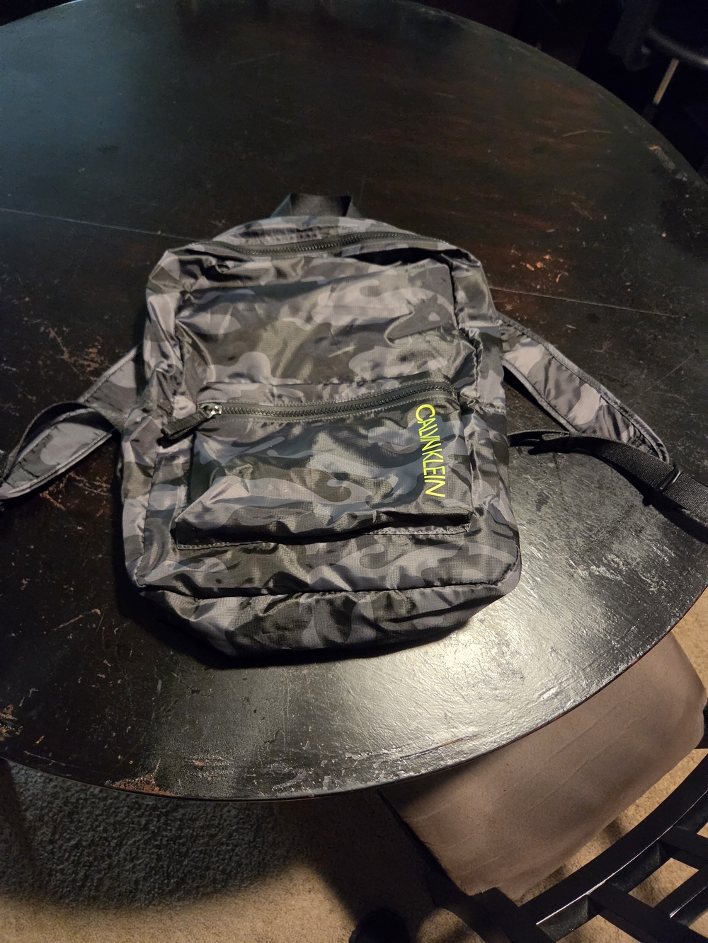 Calvin Klein Gray Camo Compact Backpack with Neon Logo